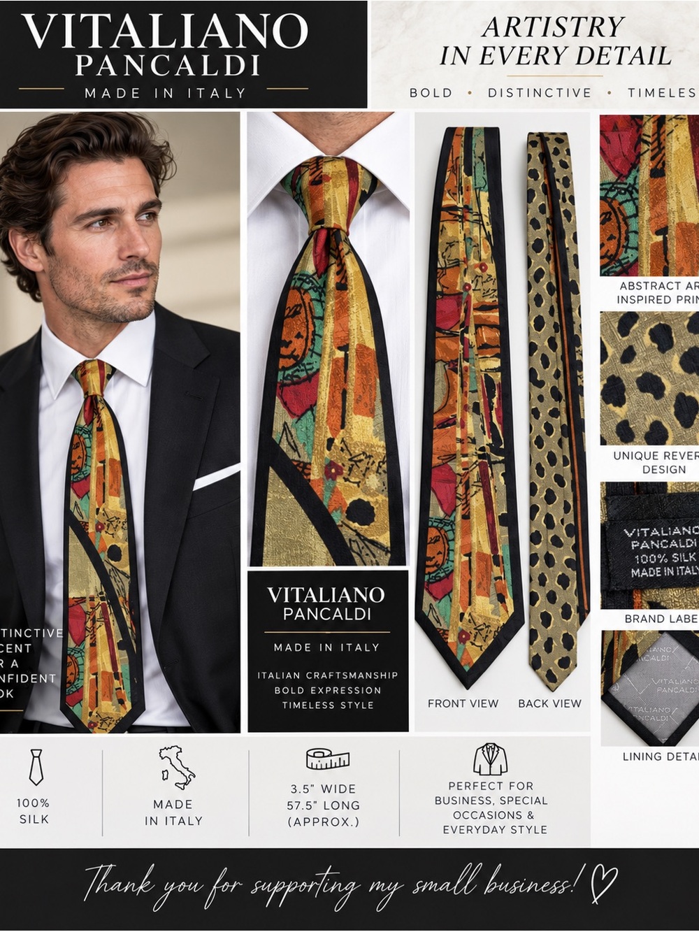 Vitaliano Pancaldi Silk Tie Made in Italy Abstract Art Leopard Print 3.5” x 57.5